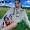 ALLNeon Y2K Fashion Oversized Butterfly Graphic Rhinestone Zip Up Hoodies E-girl 90s Streetwear Diamond Grey Long Jacket Autumn