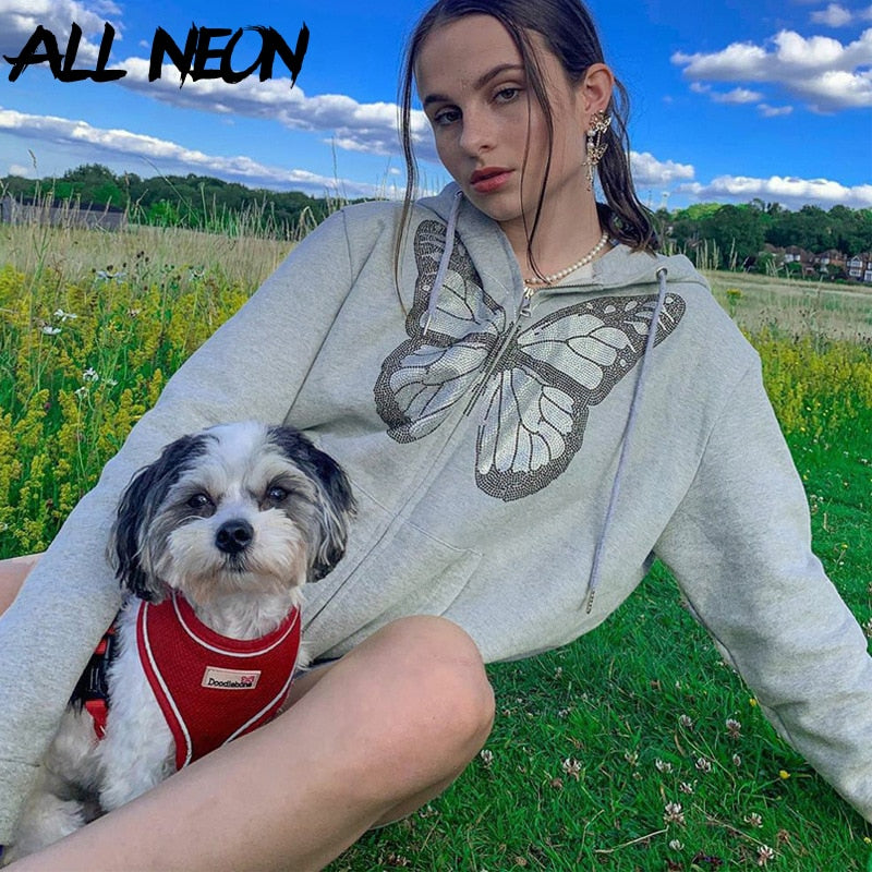 ALLNeon Y2K moda de gran tamaño mariposa gráfico strass cremallera sudaderas con capucha e-girl 90s Streetwear diamante gris chaqueta larga otoño