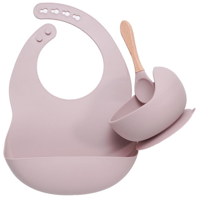 BPA Free Baby Silicone Tableware Waterproof Bib Flexible Saliva Towel Solid Color Sucker Bowl And Spoon For Children