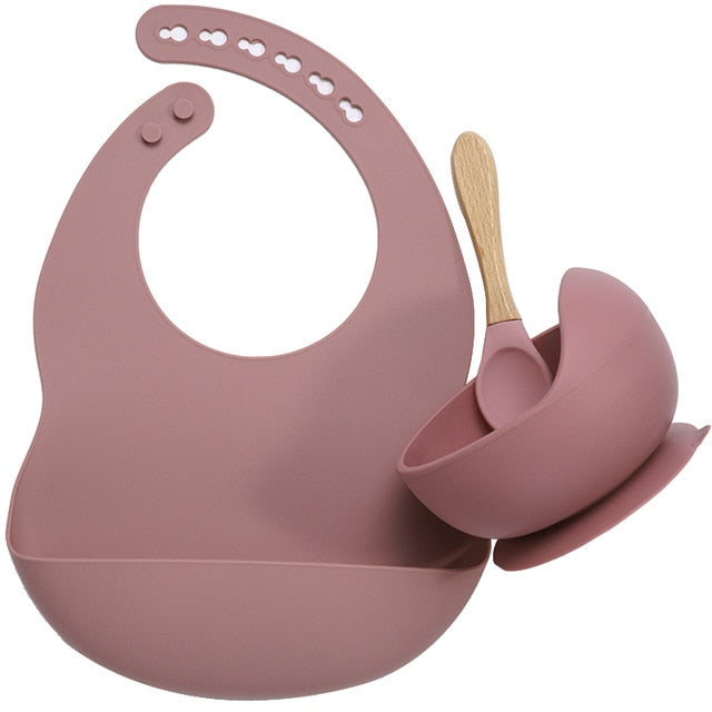 Vajilla de silicona para bebé sin BPA, babero impermeable, toalla Flexible para Saliva, cuenco y cuchara con ventosa de Color sólido para niños