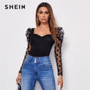 SHEIN Sweetheart Neck Polka Dot Flocked Mesh Gigot Sleeve Top Women Autumn Tees Solid Slim Fitted Elegant T-shirts