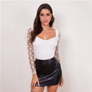 SHEIN Sweetheart Neck Polka Dot Flocked Mesh Gigot Sleeve Top Women Autumn Tees Solid Slim Fitted Elegant T-shirts