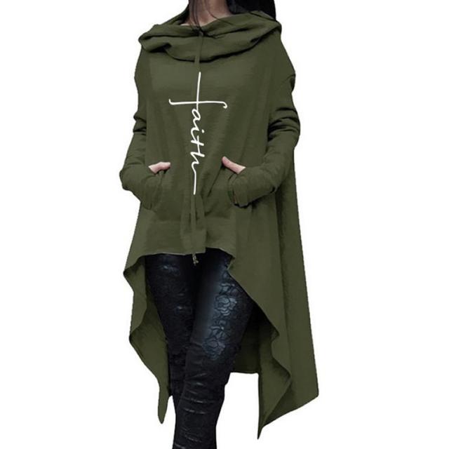 2020 New Faith Letter Bestickte Lange Hoodies Frauen Langarm Unregelmäßiger Saum Tasche Sweatshirt Weibliche Plus Größe Pullover Tops