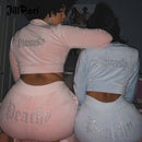 JillPeri Winter-Samt-Crop-Jacke und Trainingsanzug-Jogginghose, zweiteiliges Set mit Diamante-Strass-Jogginganzügen für Frauen