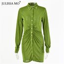 Julissa Mo otoño fruncido manga larga ceñido al cuerpo vestido de mujer cuello vuelto Sexy Mini vestido femenino botón Delgado Vestidos de fiesta 2020