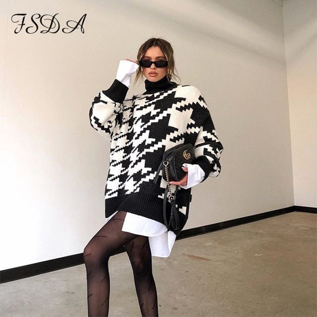 FSDA Long Sleeve Autumn Winter Oversized Sweater Dress Women Turtleneck Black Casual Knit Mini Houndstooth Sexy Party Dresses