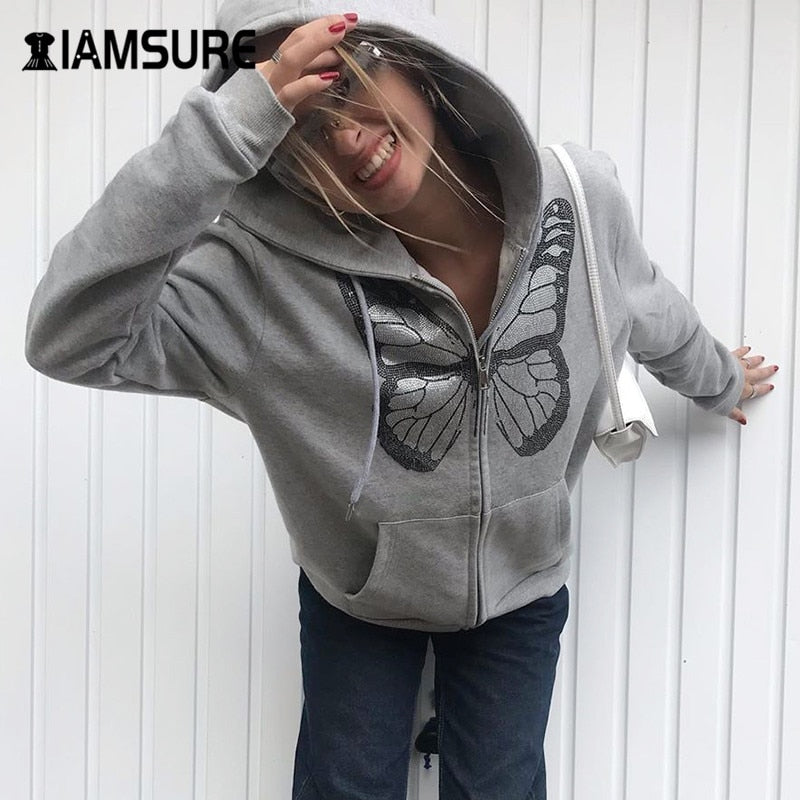 IAMSURE Butterfly Pattern Zipper Up Casual Loose 90s Hoodies Autumn y2k Fashion Long Sleeve Grey Oversize Sweatshirts For Women