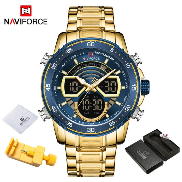 NAVIFORCE, relojes deportivos militares a prueba de agua para hombres, reloj de pulsera Digital de cuarzo analógico de lujo para hombres, relojes dorados con retroiluminación brillante