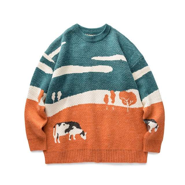 LAPPSTER-Jóvenes hombres vacas Vintage invierno suéteres 2020 suéter hombres cuello redondo moda coreana suéter mujeres Casual Harajuku ropa