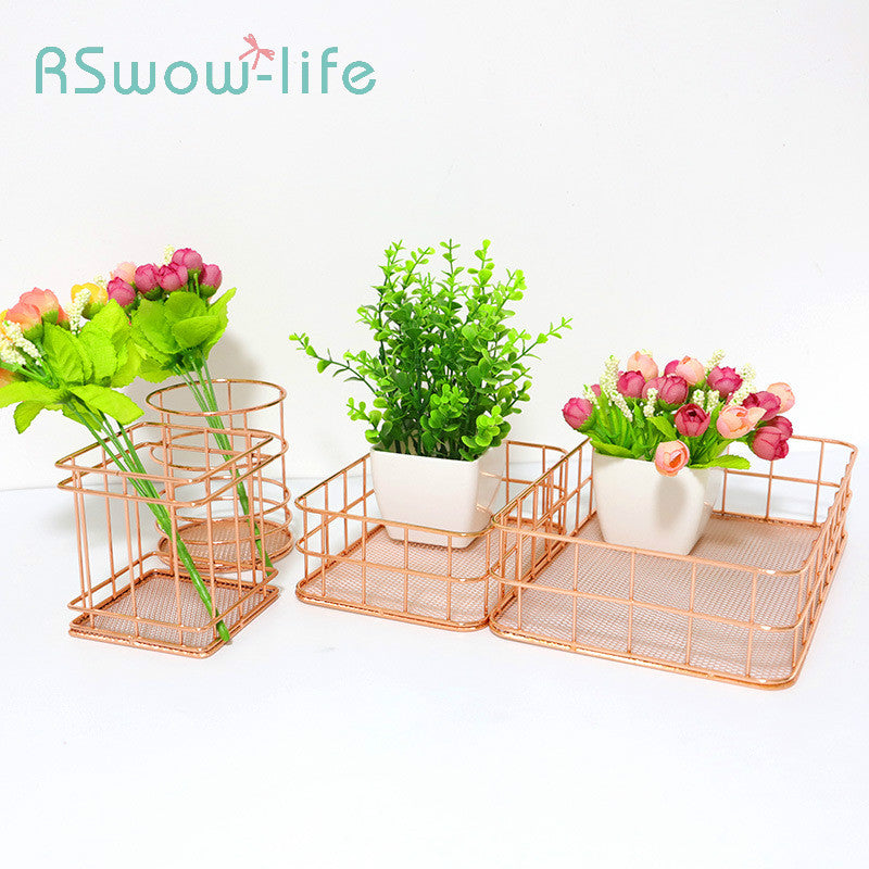 Nordic Rose Gold Wrought Iron Net Bottom Storage Basket Pen Holder Metal Office Storage Finishing Stationery Storage Basket