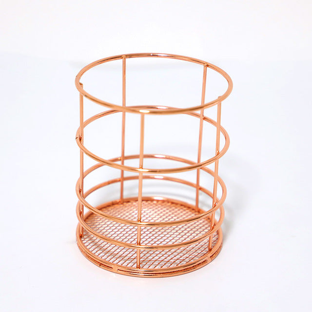 Nordic Rose Gold Wrought Iron Net Bottom Storage Basket Pen Holder Metal Office Storage Finishing Stationery Storage Basket