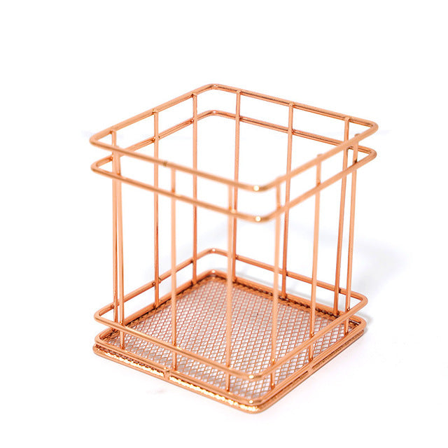 Nordic Rose Gold Wrought Iron Net Bottom Storage Basket Pen Holder Metal Office Storage Finishing Stationery Storage Basket