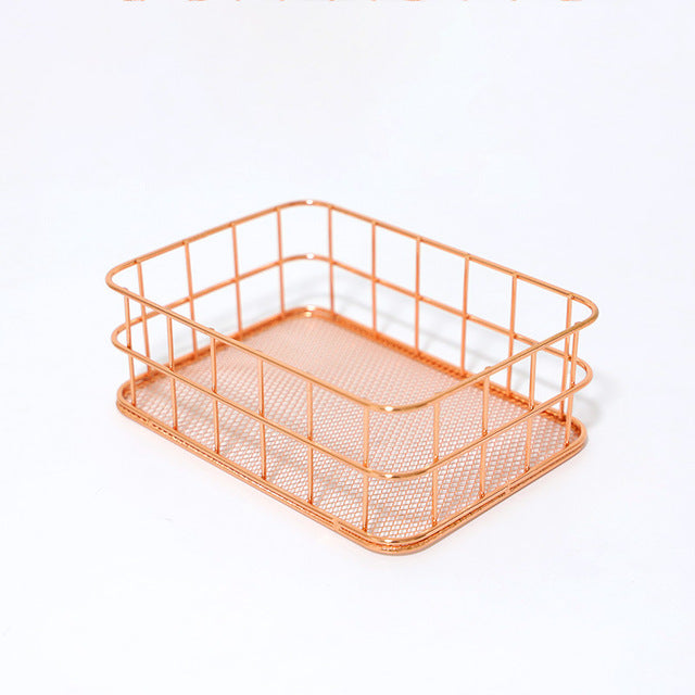 Nordic Rose Gold Wrought Iron Net Bottom Storage Basket Pen Holder Metal Office Storage Finishing Stationery Storage Basket