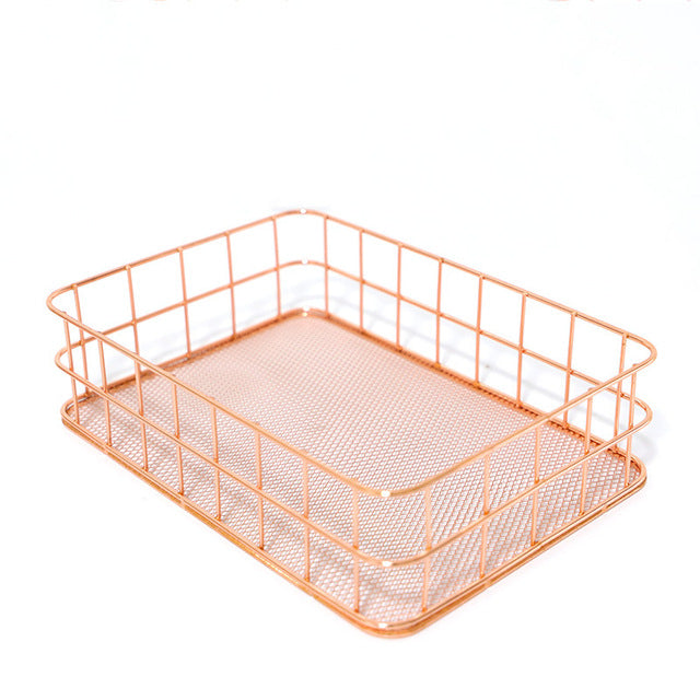 Nordic Rose Gold Wrought Iron Net Bottom Storage Basket Pen Holder Metal Office Storage Finishing Stationery Storage Basket