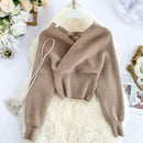 220 New Sexy V-neck Fashion Bright Silk Sweater Women's Autumn Bat Sleeves Short Waist Bottoming Shirt Winter Clothes Women