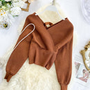 220 New Sexy V-neck Fashion Bright Silk Sweater Women's Autumn Bat Sleeves Short Waist Bottoming Shirt Winter Clothes Women