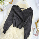 220 New Sexy V-neck Fashion Bright Silk Sweater Women's Autumn Bat Sleeves Short Waist Bottoming Shirt Winter Clothes Women
