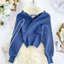 220 New Sexy V-neck Fashion Bright Silk Sweater Women's Autumn Bat Sleeves Short Waist Bottoming Shirt Winter Clothes Women