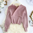220 New Sexy V-neck Fashion Bright Silk Sweater Women's Autumn Bat Sleeves Short Waist Bottoming Shirt Winter Clothes Women