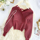 220 New Sexy V-neck Fashion Bright Silk Sweater Women's Autumn Bat Sleeves Short Waist Bottoming Shirt Winter Clothes Women