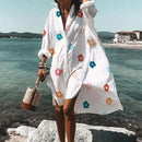 New Fall Summer Women V Neck Button Print Dress Casual Elegant Long Sleeves Irregular Shirt Dress Loose Sexy Beach Party Dresses