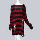 Plus Size Punk Gothic Long Unisex Sweater Dress Cool Hollow Out Hole Broken Jumper Loose Rock Thin Sweter 2020 Women Man Striped