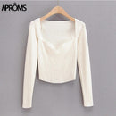 Aproms Sexy Square Neck Ribbed Knitted Sweater Women Casual Long Sleeve High Stretch Pullovers Streetwear White Soft Basic Top