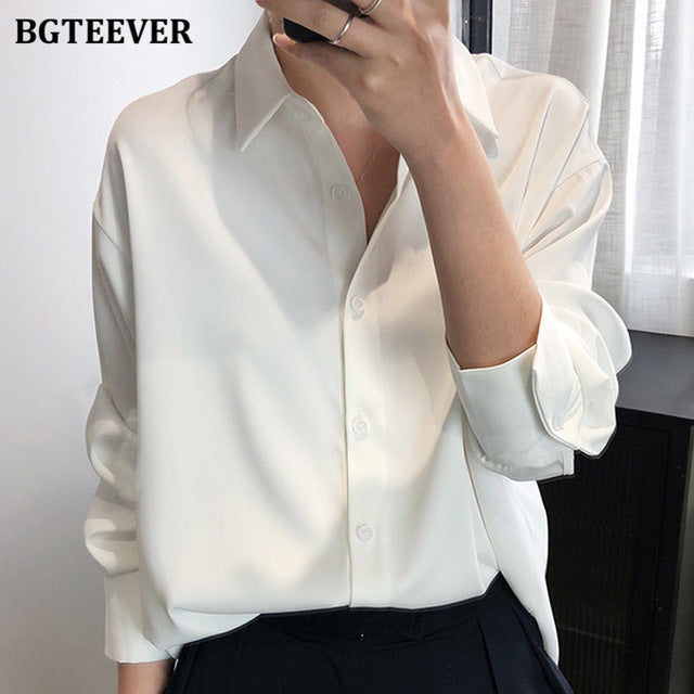 BBTEEVER 2020, nuevas camisas elegantes de satén para mujer, blusas elegantes de manga larga con cuello vuelto liso para mujer, ropa de trabajo de oficina para mujer, blusas para mujer