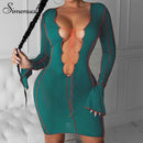 Simenual Lace Up Deep V cuello acanalado manga larga Bodycon vestidos mujeres Patchwork Hot Club Partywear Sexy moda Mini vestido otoño