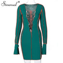 Simenual Lace Up Deep V cuello acanalado manga larga Bodycon vestidos mujeres Patchwork Hot Club Partywear Sexy moda Mini vestido otoño