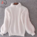 White Mohair Thicken Turtleneck Sweater Autumn Winter Sweet Fashion Lantern Sleeve Casual Solid Color Pullover pull femme