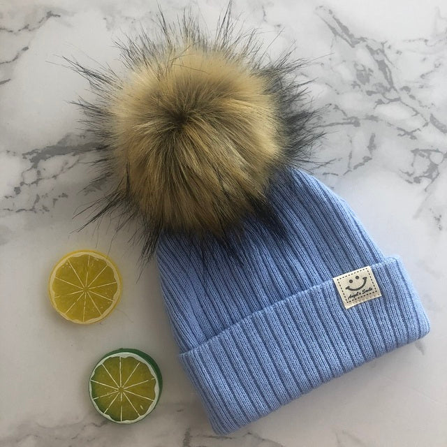 Winter Unisex Faux Fur Pompon Hat Scarf For Kids Boys Girls Knitted Baby Caps With Pompom Bonnet Children&