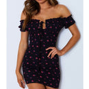 Vestido cruzado floral para mujer, con hombros descubiertos, con lazo en la parte delantera, minivestido con volantes, vestido de tubo estampado con cuello oblicuo para oficina de verano para mujer