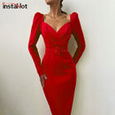 InstaHot elegante fiesta mujer vestido ajustado cuello en V manga larga media pantorrilla lápiz vestido 2020 Casual Oficina señora sólido rojo Puff manga