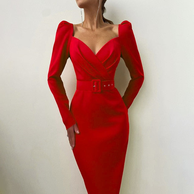 InstaHot elegante fiesta mujer vestido ajustado cuello en V manga larga media pantorrilla lápiz vestido 2020 Casual Oficina señora sólido rojo Puff manga