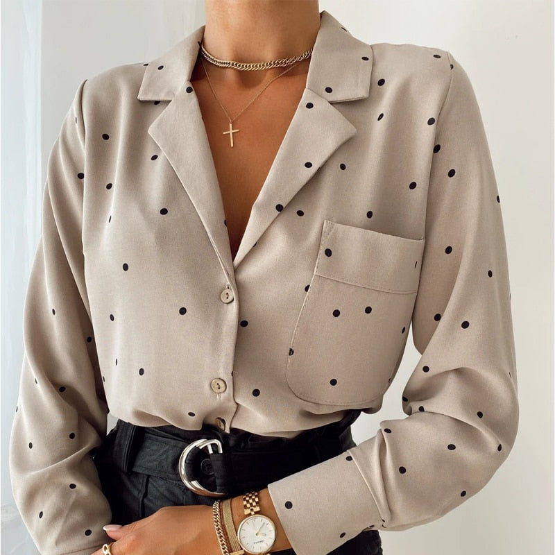 Blusa informal con estampado de lunares y bolsillos para mujer, blusa de manga larga con cuello vuelto para el trabajo de oficina, Tops de otoño 2020