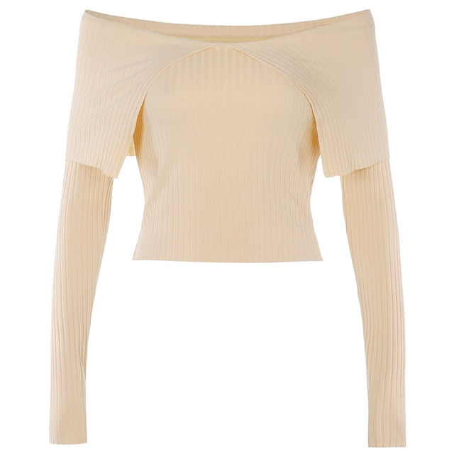 Herbst 2020 neue Art-Frauen-Pullover mit großem Revers, sexy, schulterfrei, mit schmalem Hals, Mode-Damen-Langarm-Oberteil