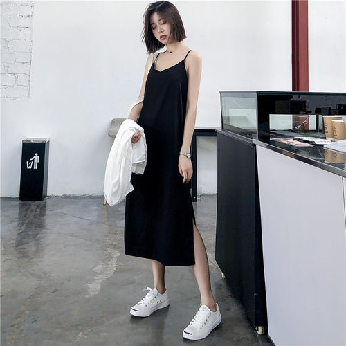 Sexy Frauen Maxikleid Schwarzes Slingkleid Weiblicher Sommer 2020 Ärmellose V-Ausschnitt Weste Lange Frauenkleider