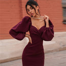 Women Sexy Bodycon Dress Pure V Neck Off Shoulder Lantern Sleeve Dress Party Night Elegant Mid Christmas Dress Mujer Black Dress