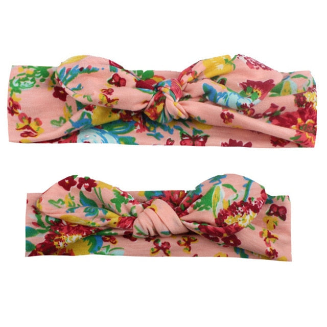 2Pcs/Set Mom & Baby Headbands Mother Baby Turban Mom Daughter Rabbit Ears Hairband Floral Print Parent-Child Hair Accessories