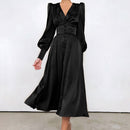 OOTN, vestido Sexy Beige de un solo pecho, vestido largo de satén de cintura alta para fiesta, elegante cuello en V, vestidos Midi para mujer, manga farol