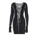 Simenual Lace Up Deep V cuello acanalado manga larga Bodycon vestidos mujeres Patchwork Hot Club Partywear Sexy moda Mini vestido otoño