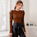 SHEIN Mock Neck Gigot Sleeve Rib-knit Tee Slim Fit Top Women 2021 Spring Office Lady Solid Skinny Elegant T-shirts