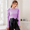 SHEIN Mock Neck Gigot Sleeve Rib-knit Tee Slim Fit Top Women 2021 Spring Office Lady Solid Skinny Elegant T-shirts