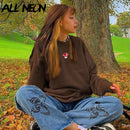 ALLNeon Y2K Aesthetics Mushroom Embroidery Oversized Sweatshirts Vintage Brown Crewneck Long Sleeve Top 2000s Fashion Streetwear