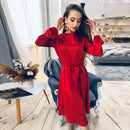 Women Vintage Sashes Satin A-line Dress Lantern Sleeve O neck Solid Elegant Casual Party Dress 2021 Summer OL New Fashion Dress