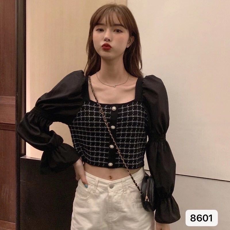 2020 New Vintage Square Collar Crop Tops Fashion Patchwork Plaid Sweet Puff Sleeve  Women Blouses Female Knitted Tops