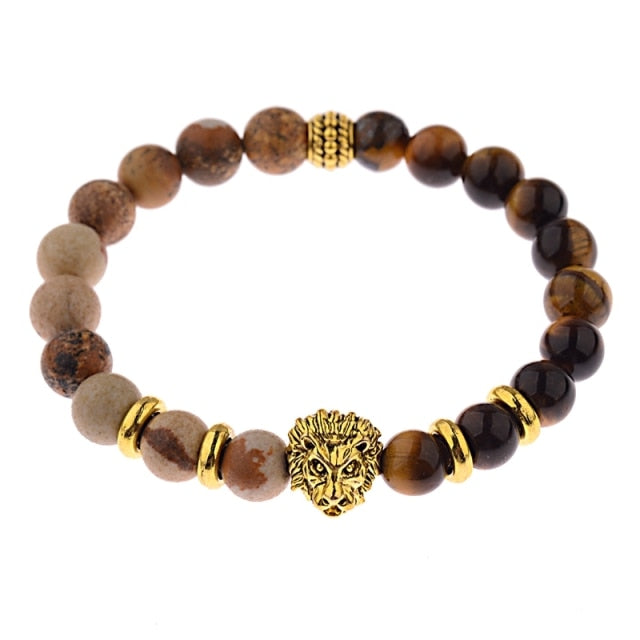 Pulsera clásica con corona y León para Hombre, Pulsera con abalorios hecha a mano con piedra de ónix y ojo de tigre para Mujer, joyería para Hombre