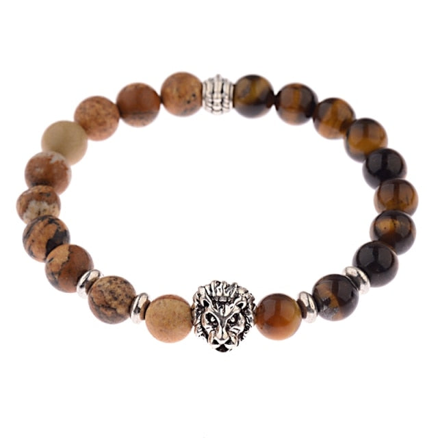 Pulsera clásica con corona y León para Hombre, Pulsera con abalorios hecha a mano con piedra de ónix y ojo de tigre para Mujer, joyería para Hombre