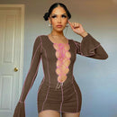 Simenual Lace Up Deep V cuello acanalado manga larga Bodycon vestidos mujeres Patchwork Hot Club Partywear Sexy moda Mini vestido otoño
